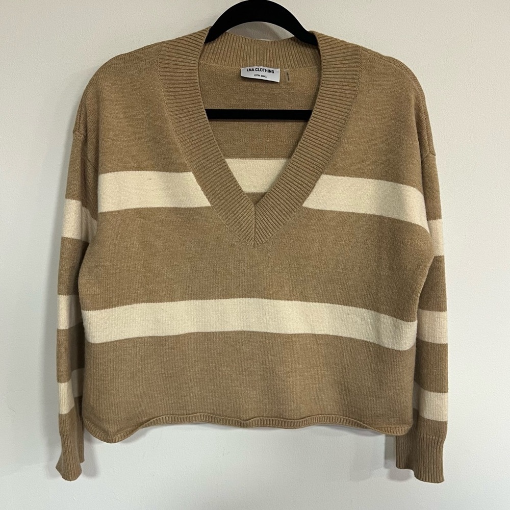LNA Clothing Morjana V Neck Sweater in Camel Stripe - Picture 6 of 16